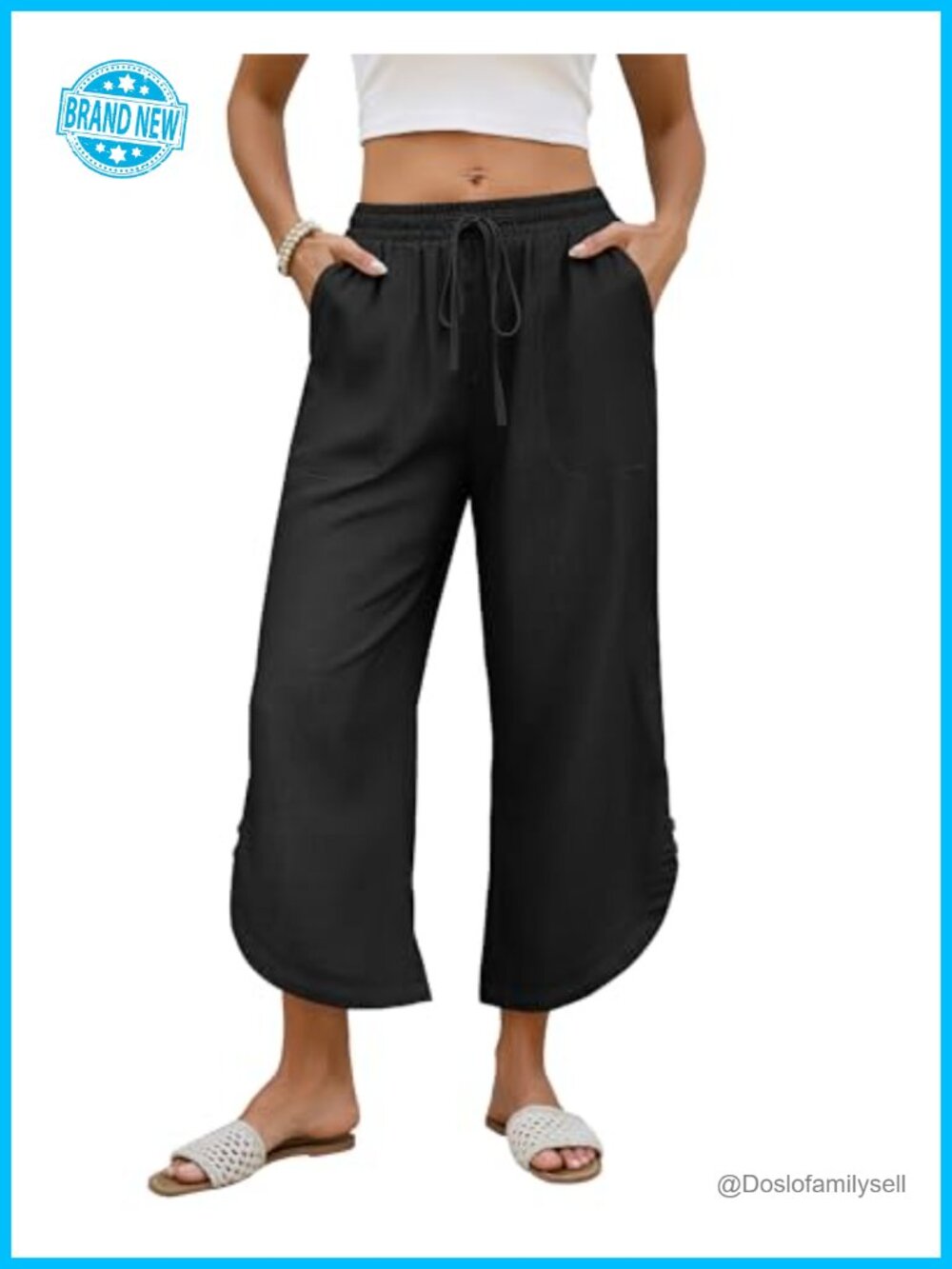 Cotton Linen Capri Pants Wide Leg Drawstring Summer Lounge